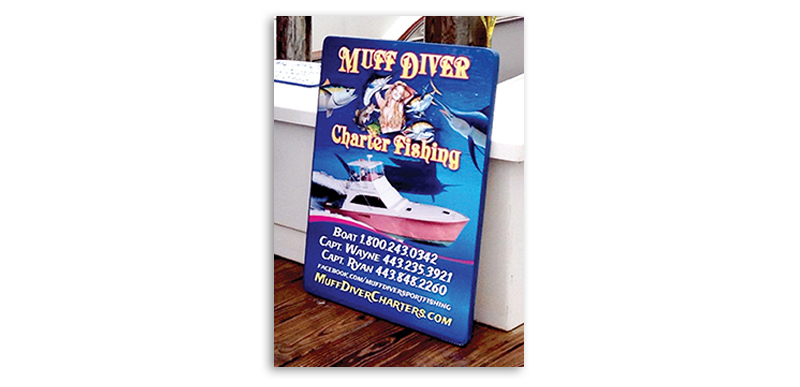 Muff Diver Charters dock sign
